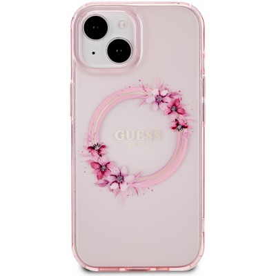 iPhone 15 Case Hülle - Guess Hartgel transparent mit MagSafe Blumen und Goldlogo - Rosa