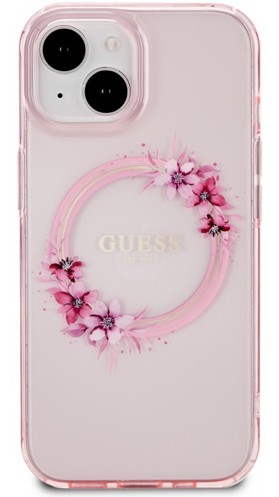 iPhone 15 Case Hülle - Guess Hartgel transparent mit MagSafe Blumen und Goldlogo - Rosa
