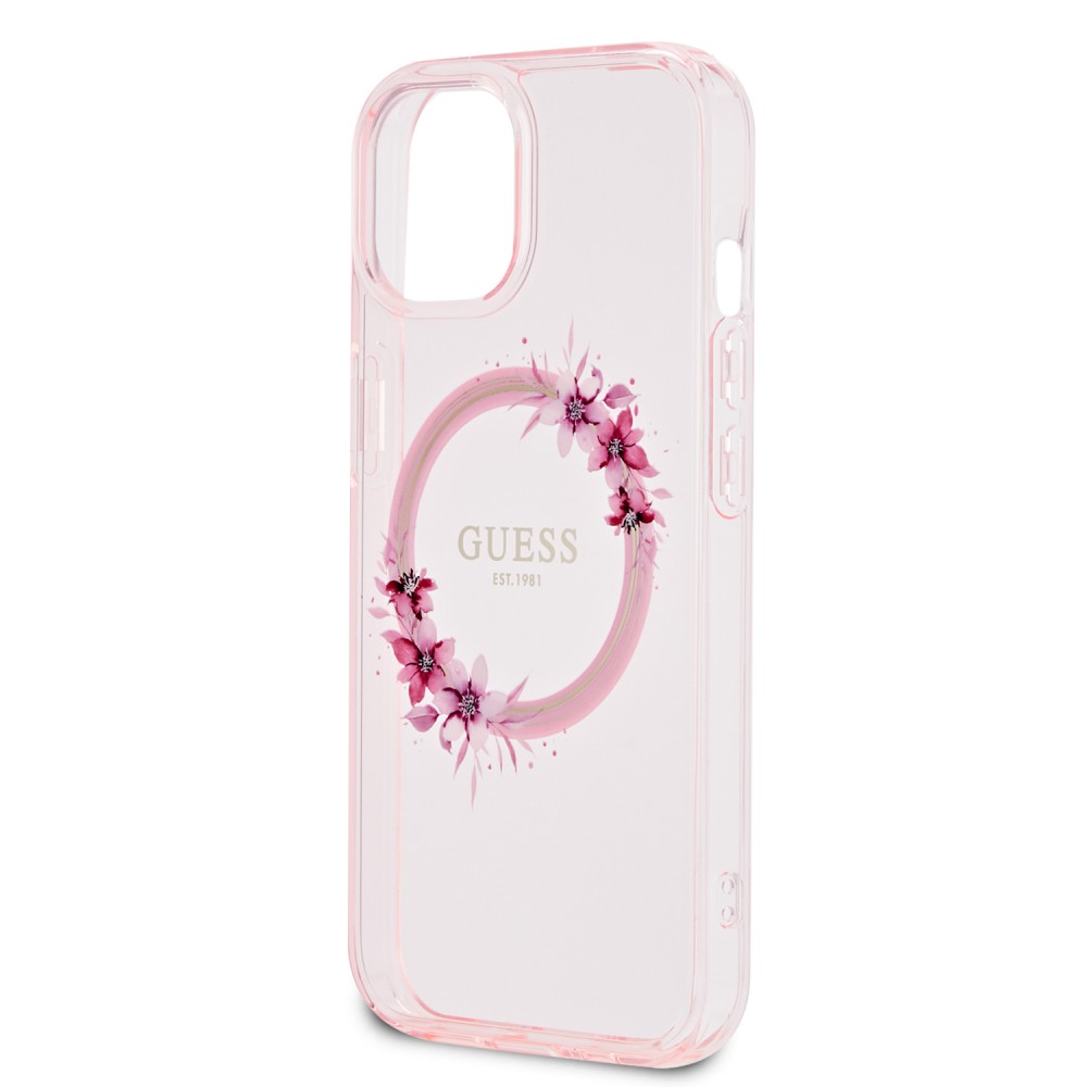 Coque iPhone 15 - Guess gel rigide transparent avec MagSafe fleurs et logo doré - Rose