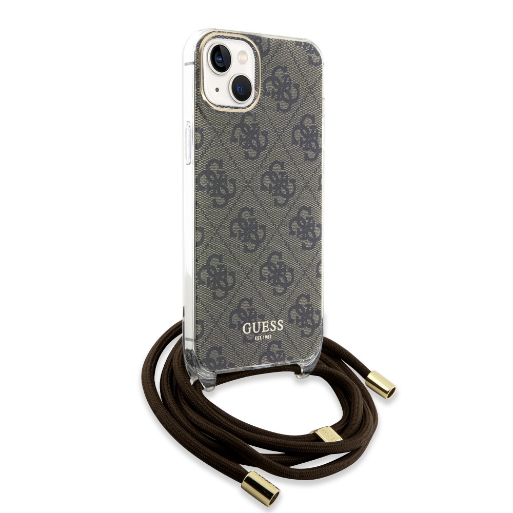 Coque iPhone 15 - Guess monogramme laqué avec lanière ajustable intégrée - Brun