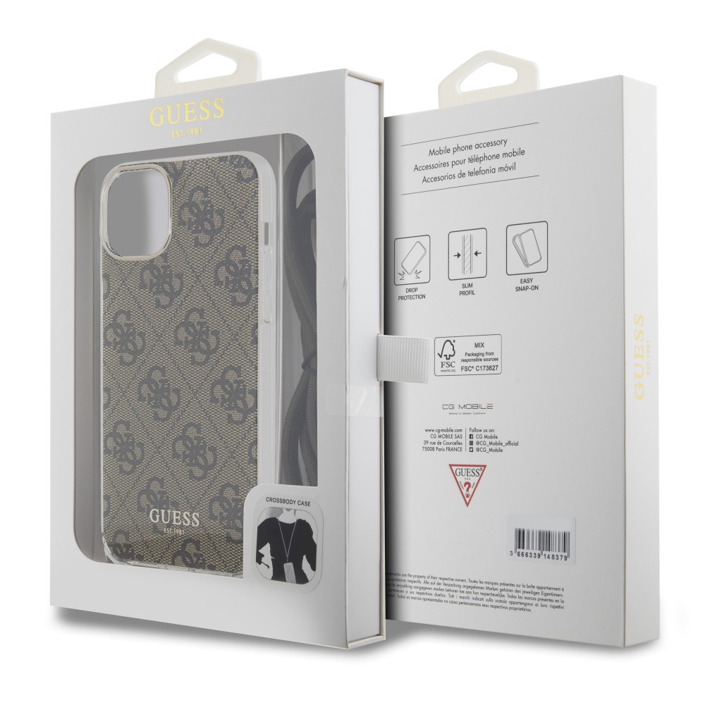 Coque iPhone 15 - Guess monogramme laqué avec lanière ajustable intégrée - Brun