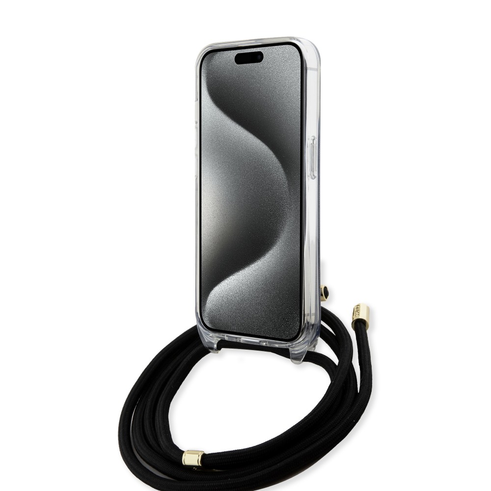 Coque iPhone 15 - Guess monogramme laqué avec lanière ajustable intégrée - Gris