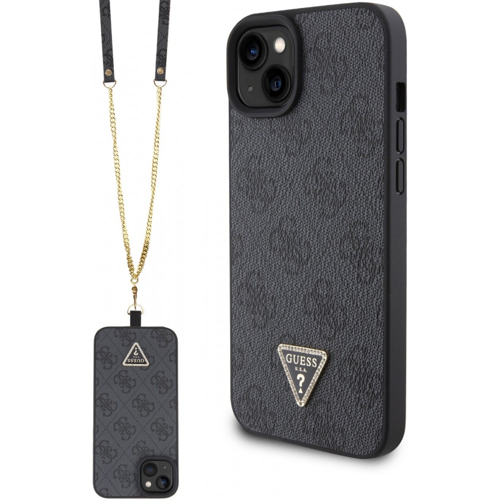 Coque iPhone 15 - Guess monogramme similicuir logo métal et strass avec lanière amovible - Noir