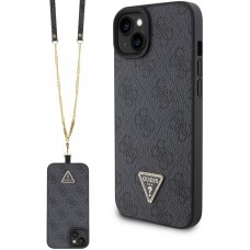 Coque iPhone 15 - Guess monogramme similicuir logo métal et strass avec lanière amovible - Noir