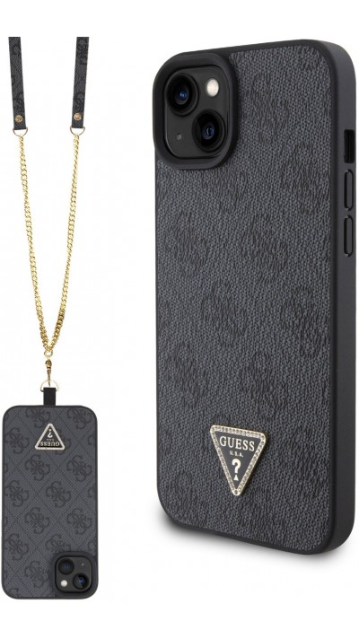 Coque iPhone 15 - Guess monogramme similicuir logo métal et strass avec lanière amovible - Noir