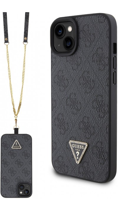 iPhone 15 Case Hülle - Guess Monogramm Kunstleder Metall-Logo und Strass mit abnehmbarem Riemen - Schwarz