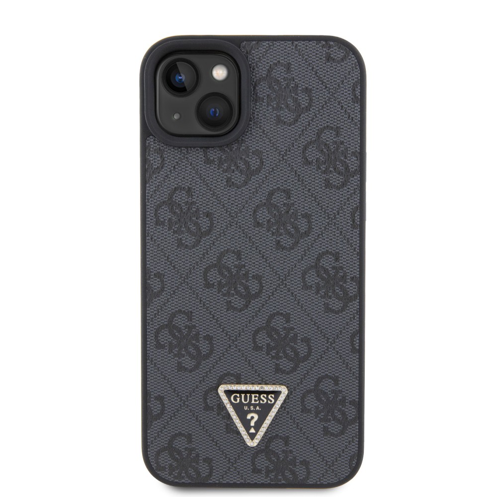 Coque iPhone 15 - Guess monogramme similicuir logo métal et strass avec lanière amovible - Noir