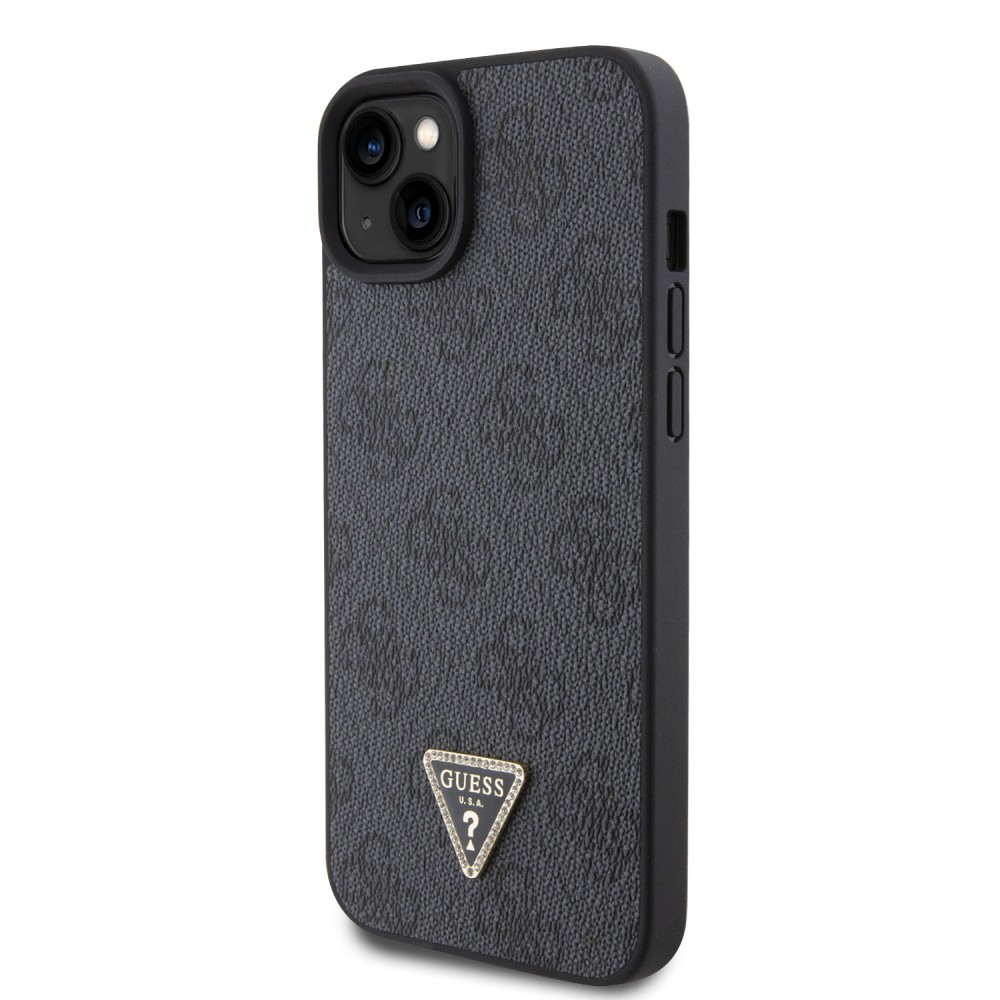Coque iPhone 15 - Guess monogramme similicuir logo métal et strass avec lanière amovible - Noir