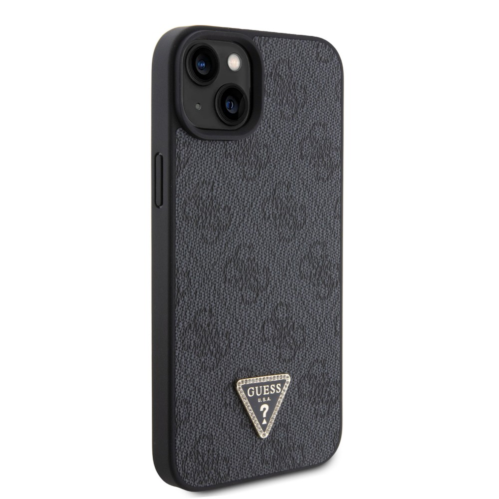 Coque iPhone 15 - Guess monogramme similicuir logo métal et strass avec lanière amovible - Noir