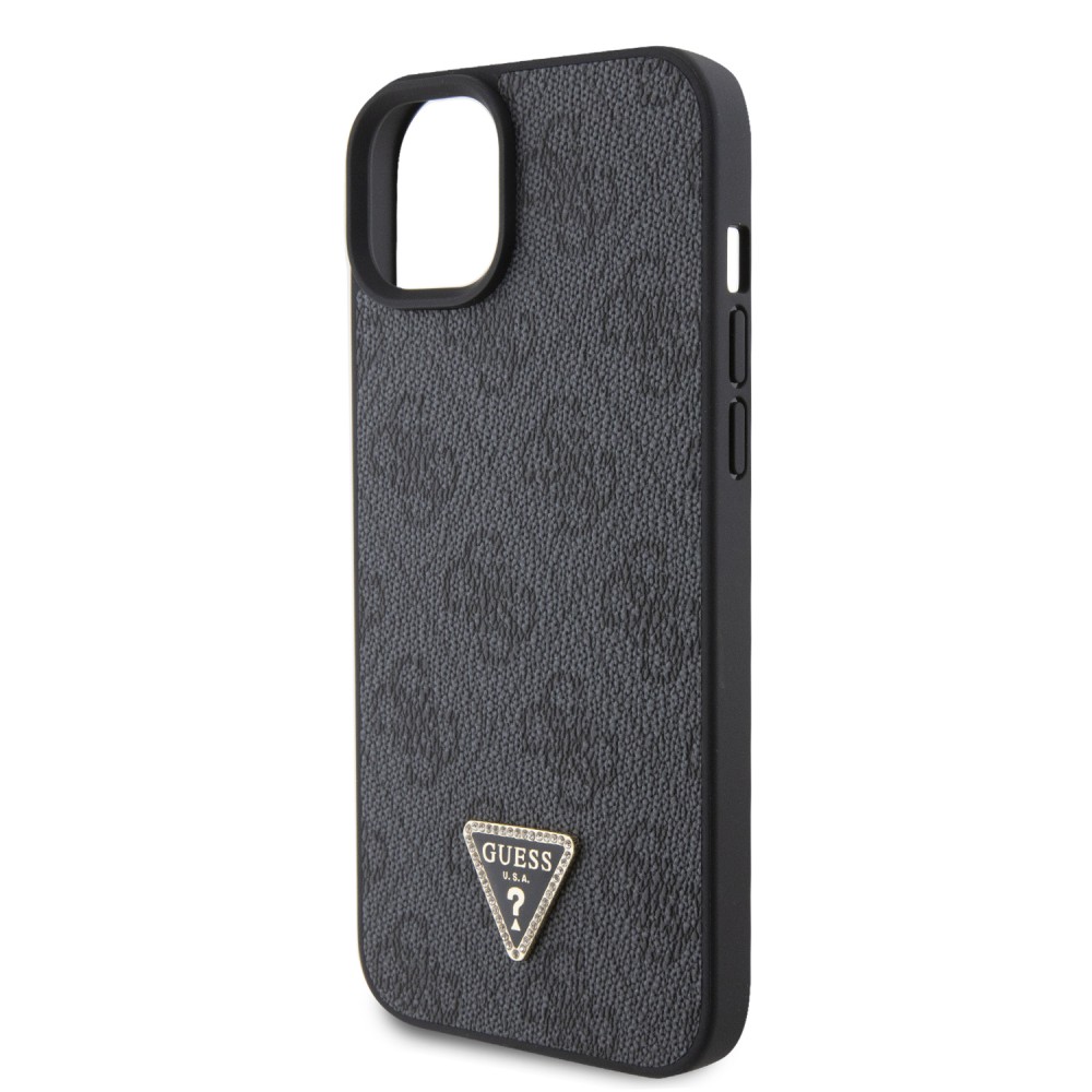 Coque iPhone 15 - Guess monogramme similicuir logo métal et strass avec lanière amovible - Noir