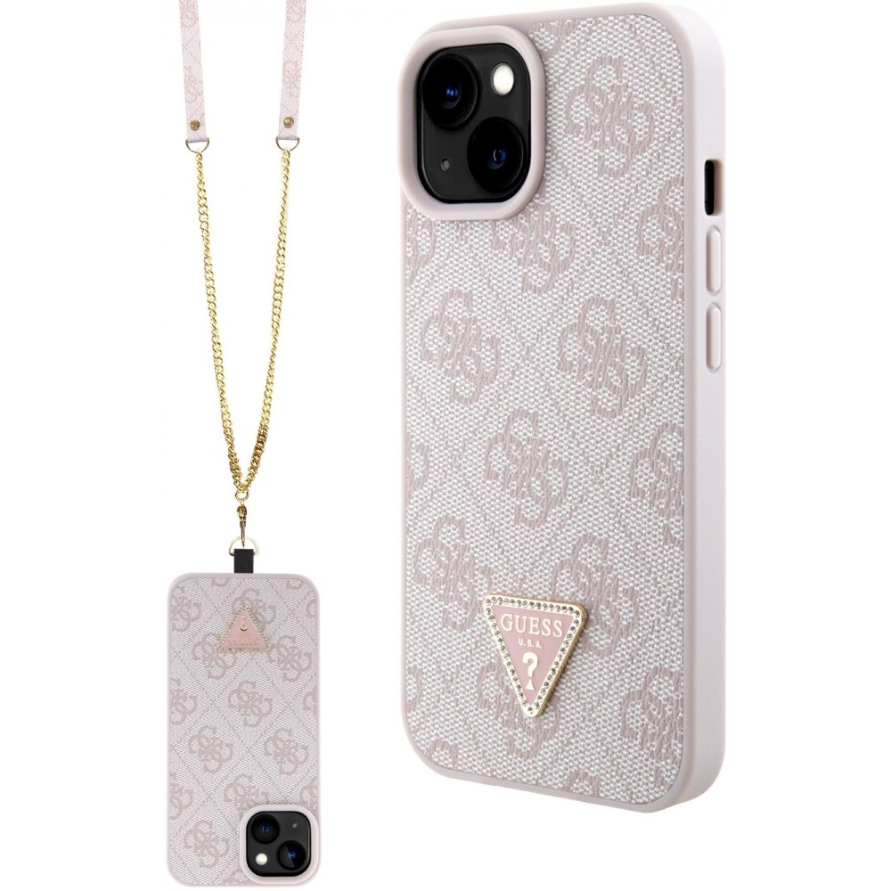 Coque iPhone 15 - Guess monogramme similicuir logo métal et strass avec lanière amovible - Rose clair