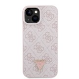 Coque iPhone 15 - Guess monogramme similicuir logo métal et strass avec lanière amovible - Rose clair