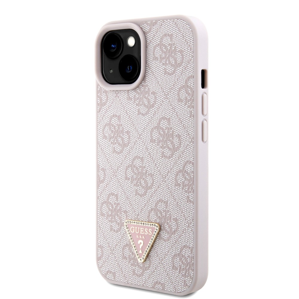 iPhone 15 Case Hülle - Guess Monogramm Kunstleder Metall-Logo und Strass mit abnehmbarem Riemen - Hellrosa