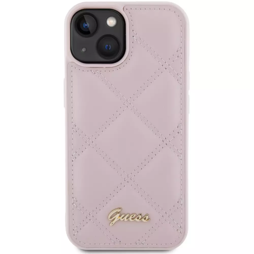Coque iPhone 15 - Guess similicuir molletonné en carreaux et logo doré métallique en relief - Rose clair