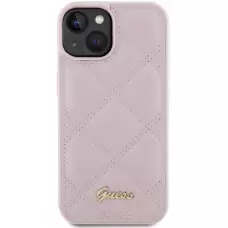 Coque iPhone 15 - Guess similicuir molletonné en carreaux et logo doré métallique en relief - Rose clair