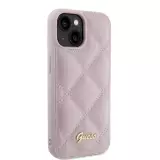 Coque iPhone 15 - Guess similicuir molletonné en carreaux et logo doré métallique en relief - Rose clair
