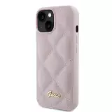 Coque iPhone 15 - Guess similicuir molletonné en carreaux et logo doré métallique en relief - Rose clair