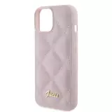 Coque iPhone 15 - Guess similicuir molletonné en carreaux et logo doré métallique en relief - Rose clair