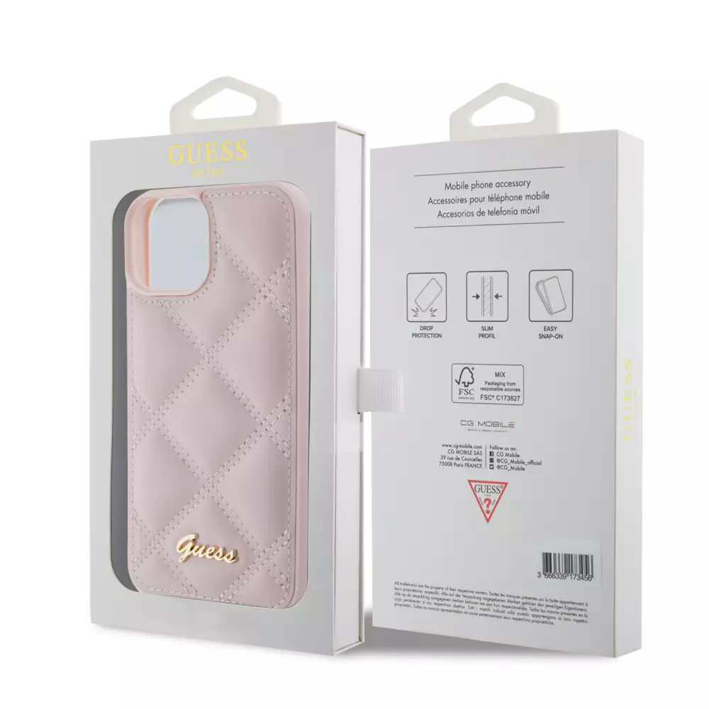 Coque iPhone 15 - Guess similicuir molletonné en carreaux et logo doré métallique en relief - Rose clair