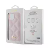 Coque iPhone 15 - Guess similicuir molletonné en carreaux et logo doré métallique en relief - Rose clair