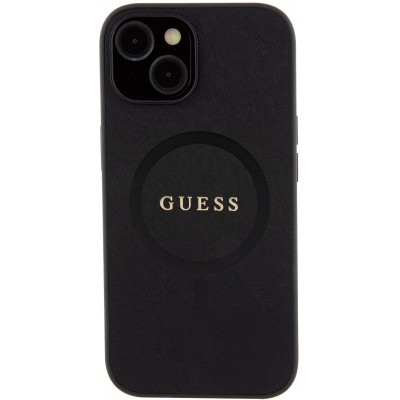 Coque iPhone 15 - Guess similicuir saffiano logo métallique doré et MagSafe - Noir