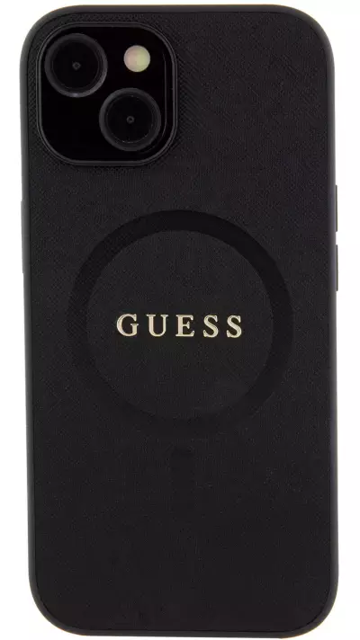 Coque iPhone 15 - Guess similicuir saffiano logo métallique doré et MagSafe - Noir