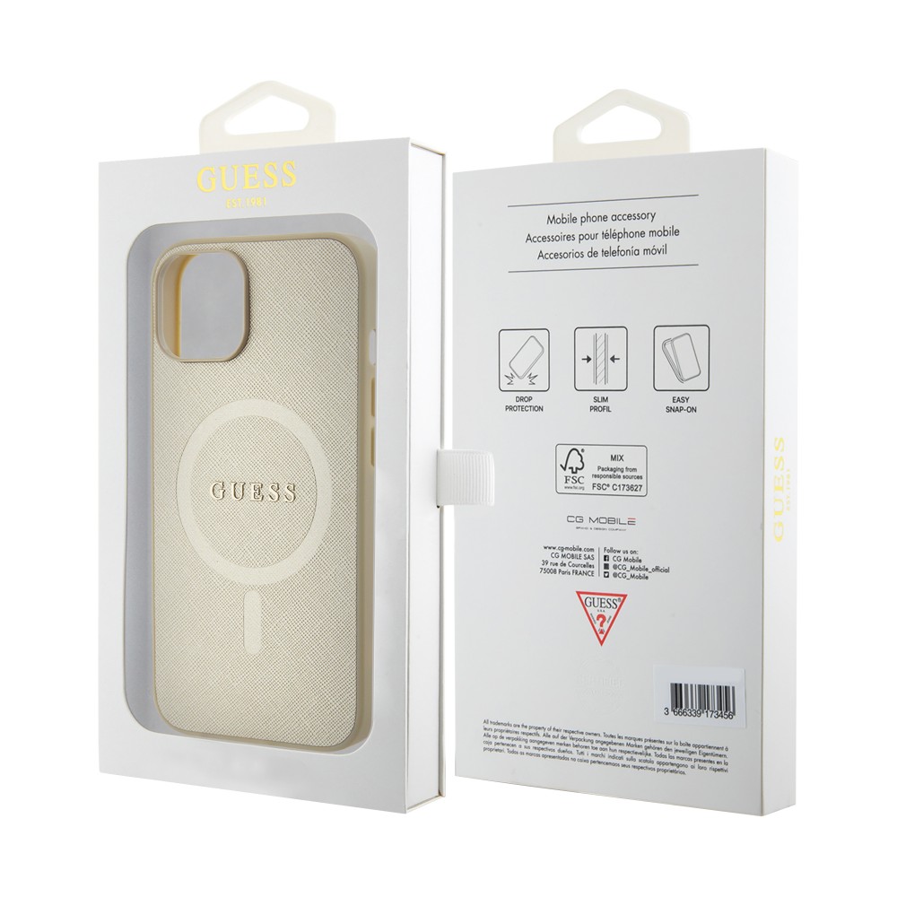 Coque iPhone 15 - Guess similicuir saffiano logo métallique doré et MagSafe - Or