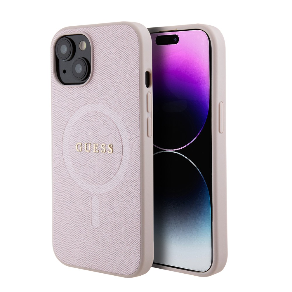 iPhone 15 Case Hülle - Guess Kunstleder Saffiano Gold Metall-Logo und MagSafe - Rosa