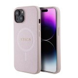 iPhone 15 Case Hülle - Guess Kunstleder Saffiano Gold Metall-Logo und MagSafe - Rosa