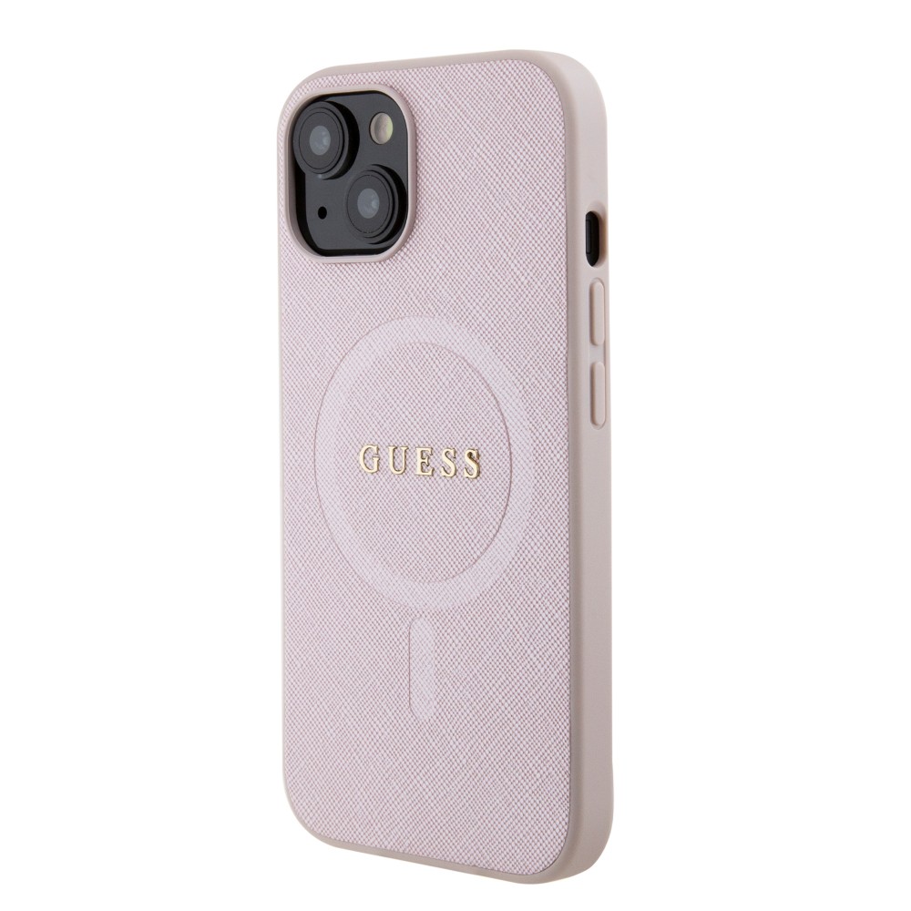 iPhone 15 Case Hülle - Guess Kunstleder Saffiano Gold Metall-Logo und MagSafe - Rosa