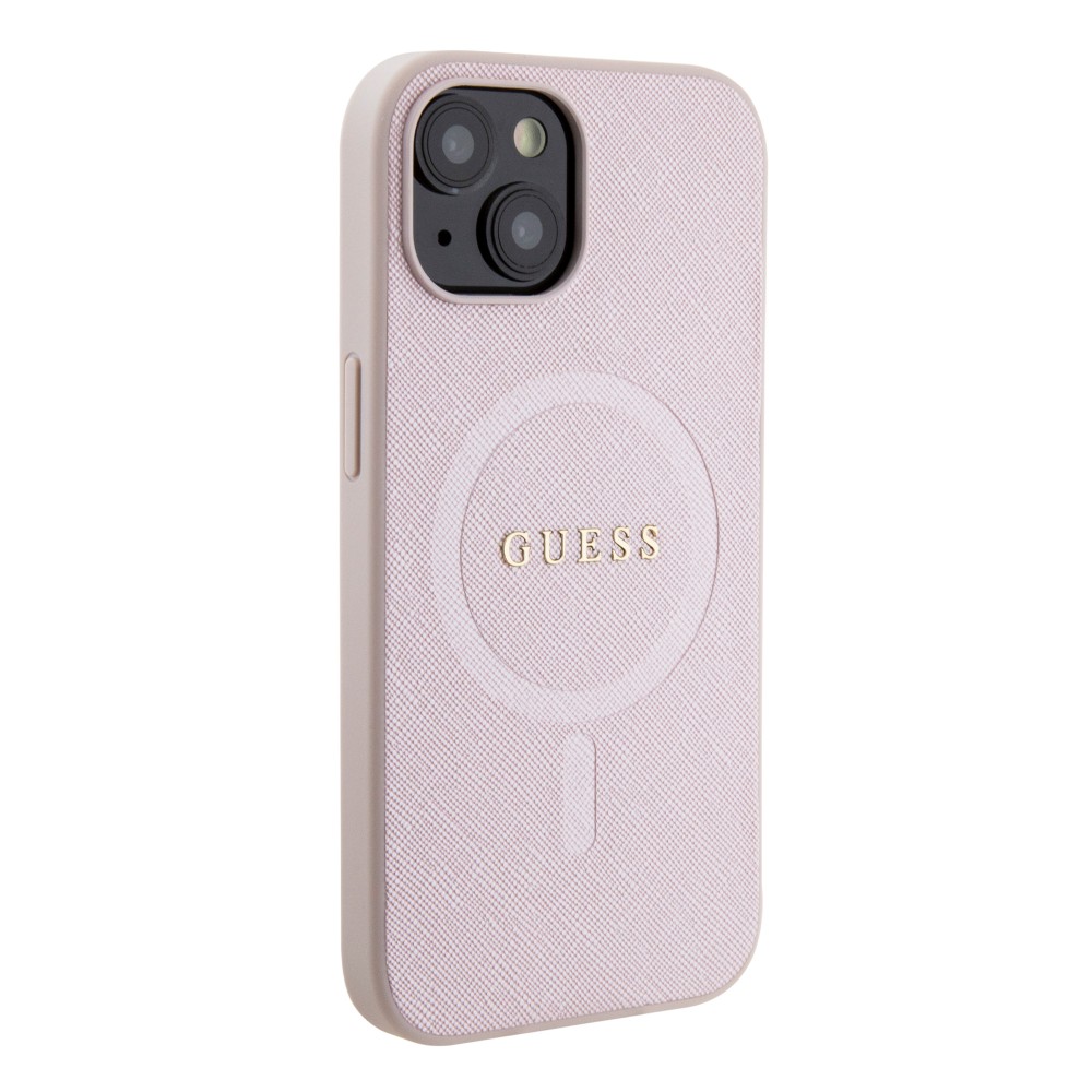 iPhone 15 Case Hülle - Guess Kunstleder Saffiano Gold Metall-Logo und MagSafe - Rosa