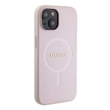 iPhone 15 Case Hülle - Guess Kunstleder Saffiano Gold Metall-Logo und MagSafe - Rosa