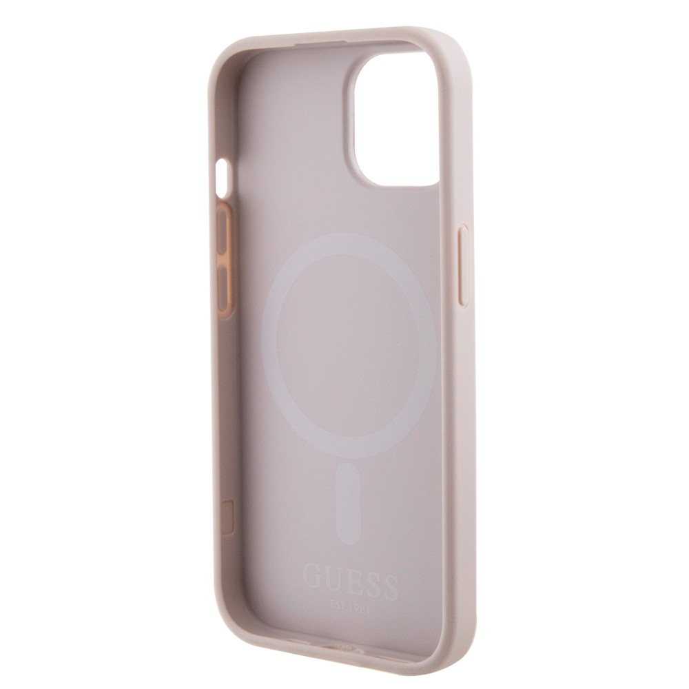 iPhone 15 Case Hülle - Guess Kunstleder Saffiano Gold Metall-Logo und MagSafe - Rosa