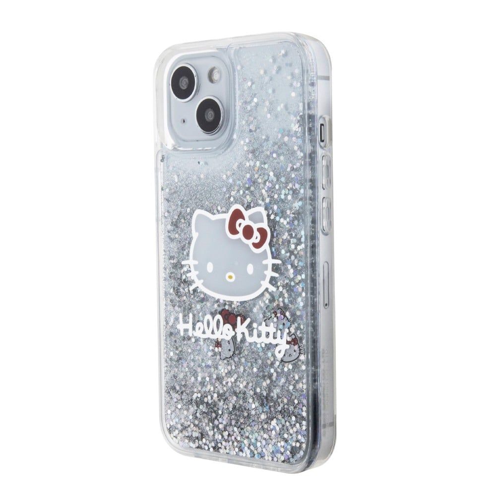 Coque iPhone 15 - Hello Kitty gel rigide avec paillettes/glitters liquides - Transparent