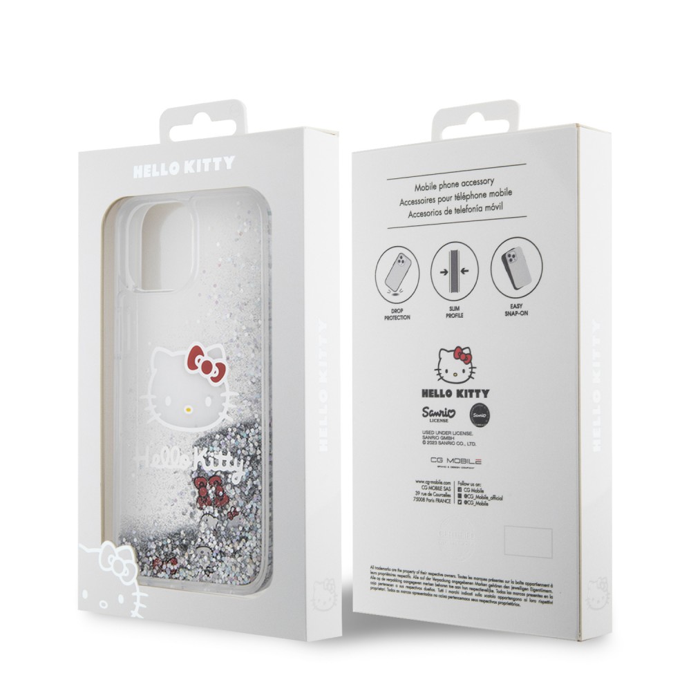 Coque iPhone 15 - Hello Kitty gel rigide avec paillettes/glitters liquides - Transparent