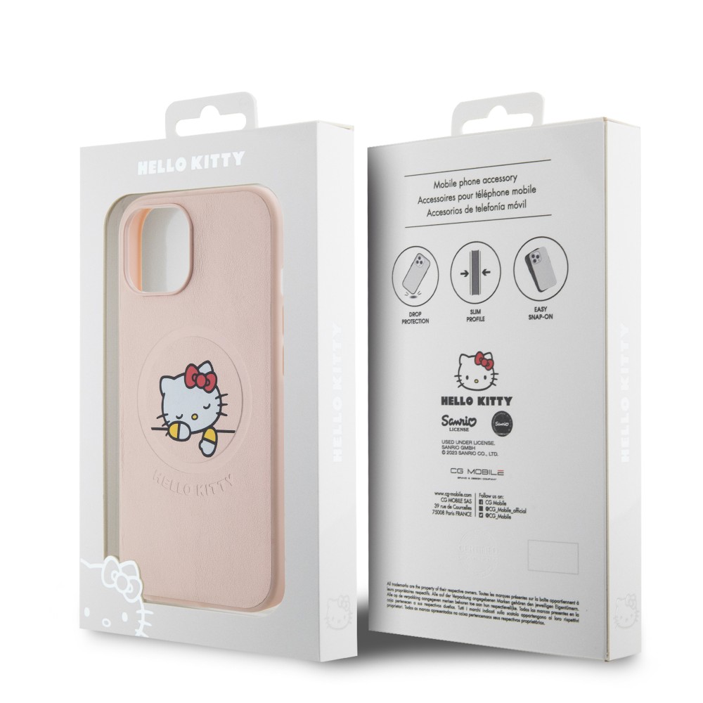 Coque iPhone 15 - Hello Kitty rêveur en similicuir avec MagSafe - Rose clair