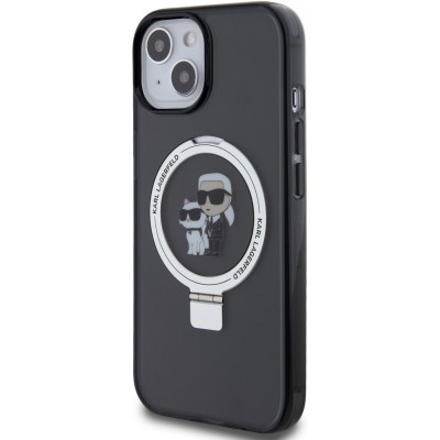 Coque iPhone 15 - Karl Lagerfeld et Choupette gel laqué avec anneau métallique de support amovible intégré et Magsafe - Gris