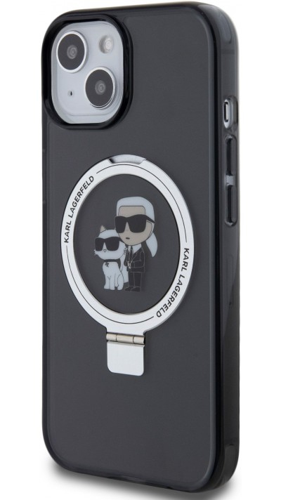 Coque iPhone 15 - Karl Lagerfeld et Choupette gel laqué avec anneau métallique de support amovible intégré et Magsafe - Gris