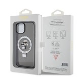 iPhone 15 Case Hülle - Karl Lagerfeld und Choupette Gel lackiert mit integriertem, abnehmbarem Metallstützring und Magsafe - Grau
