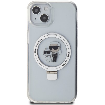 iPhone 15 Case Hülle - Karl Lagerfeld und Choupette Gel lackiert mit integriertem, abnehmbarem Metallstützring und Magsafe - Transparent