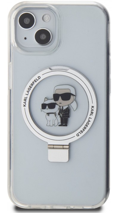 Coque iPhone 15 - Karl Lagerfeld et Choupette gel laqué avec anneau métallique de support amovible intégré et Magsafe - Transparent