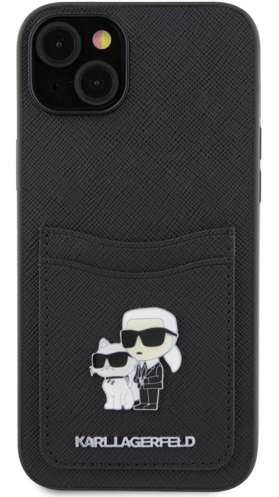 Coque iPhone 15 - Karl Lagerfeld et Choupette similicuir saffiano avec portes-carte intégré et logo métallique en relief - Noir
