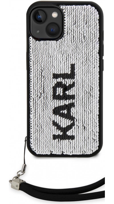 Coque iPhone 15 - Karl Lagerfeld paillettes glitters réversibles bicolore avec lanière poignet amovible - Noir / Argent