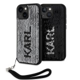 iPhone 15 Case Hülle - Karl Lagerfeld Pailletten Glitters reversible zweifarbig mit abnehmbarem Handgelenk Riemen - Schwarz / Silber