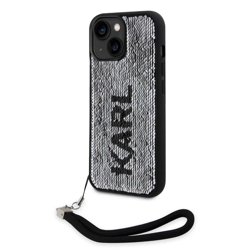 Coque iPhone 15 - Karl Lagerfeld paillettes glitters réversibles bicolore avec lanière poignet amovible - Noir / Argent