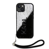 Coque iPhone 15 - Karl Lagerfeld paillettes glitters réversibles bicolore avec lanière poignet amovible - Noir / Argent