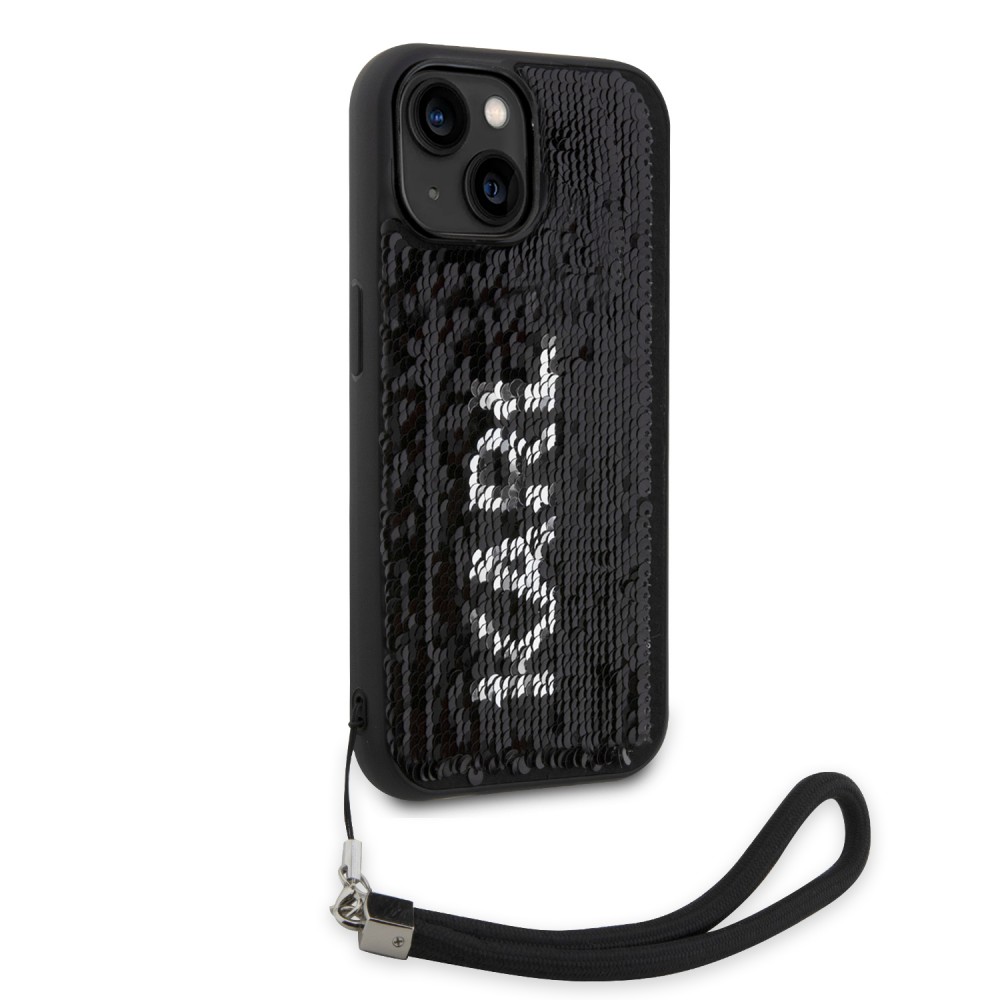 Coque iPhone 15 - Karl Lagerfeld paillettes glitters réversibles bicolore avec lanière poignet amovible - Noir / Argent