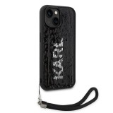 iPhone 15 Case Hülle - Karl Lagerfeld Pailletten Glitters reversible zweifarbig mit abnehmbarem Handgelenk Riemen - Schwarz / Silber