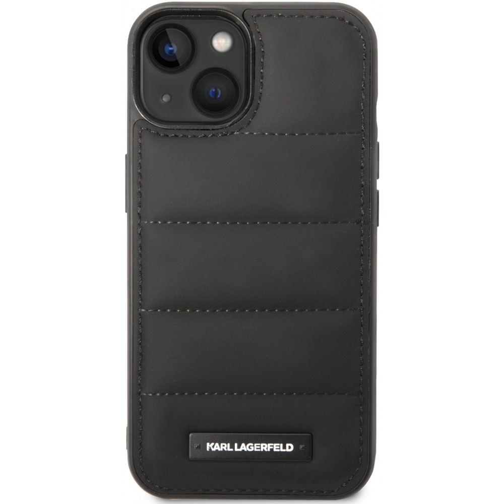 iPhone 15 Pro Case Hülle - Karl Stil gesteppter Puffy Soft-Touch-Silikonkanten und Metall-Logo - Schwarz