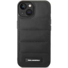 Coque iPhone 15 Pro Max - Karl style puffy matelassé bords en silicone soft touch et logo métallique - Noir